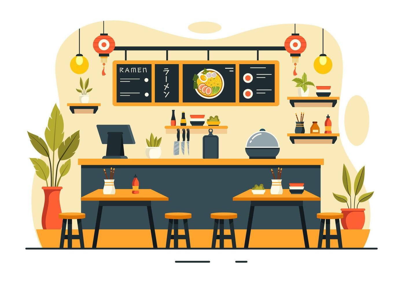 Traditional Japanese Ramen Illustration with Chopsticks, Noodles, and Soup in Flat Style vector