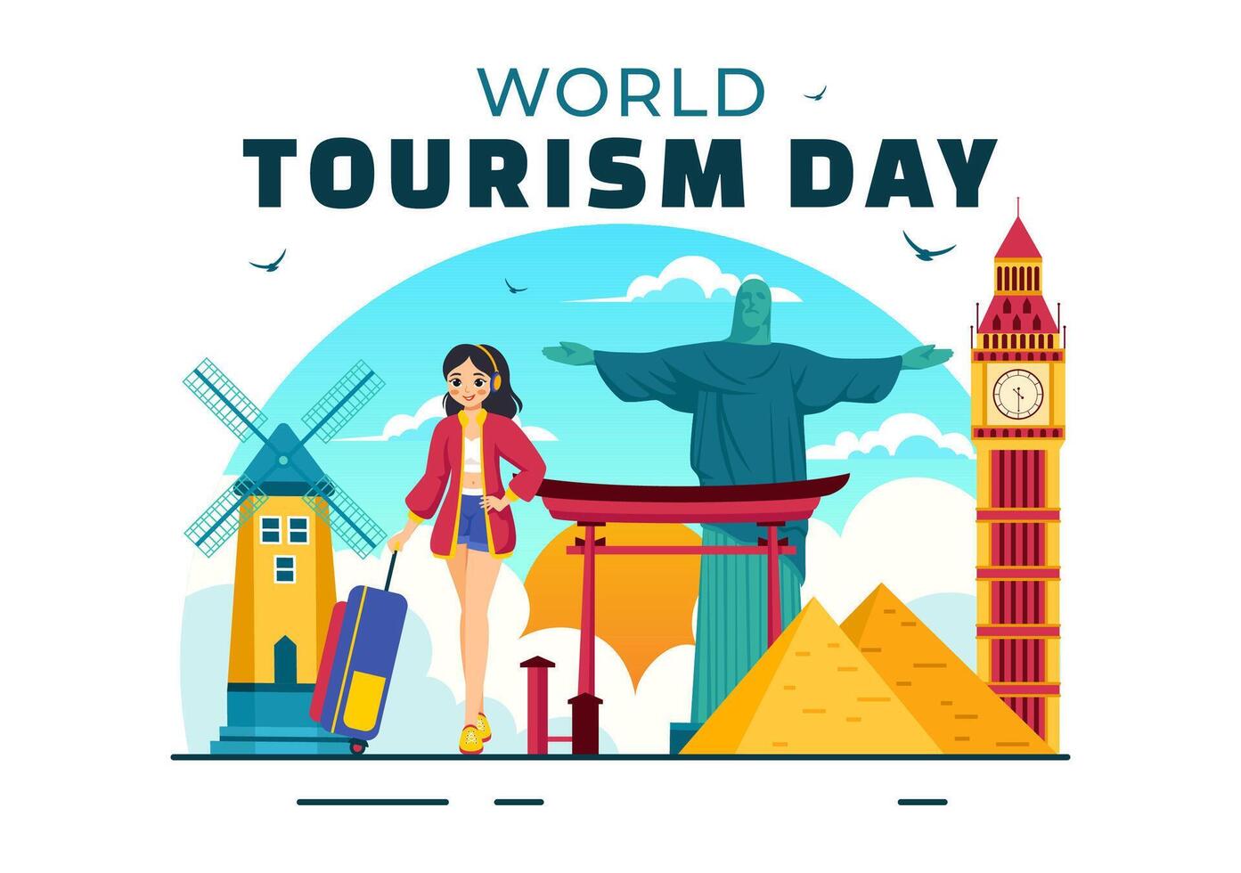 Tourism Day Celebration Illustration with a Globe Encircled by Iconic Architectural Sites vector