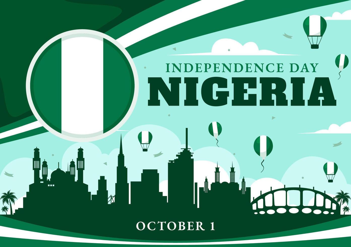 Waving Flag and Fighters in Nigeria Independence Day on October 1st in Flat Cartoon Background vector