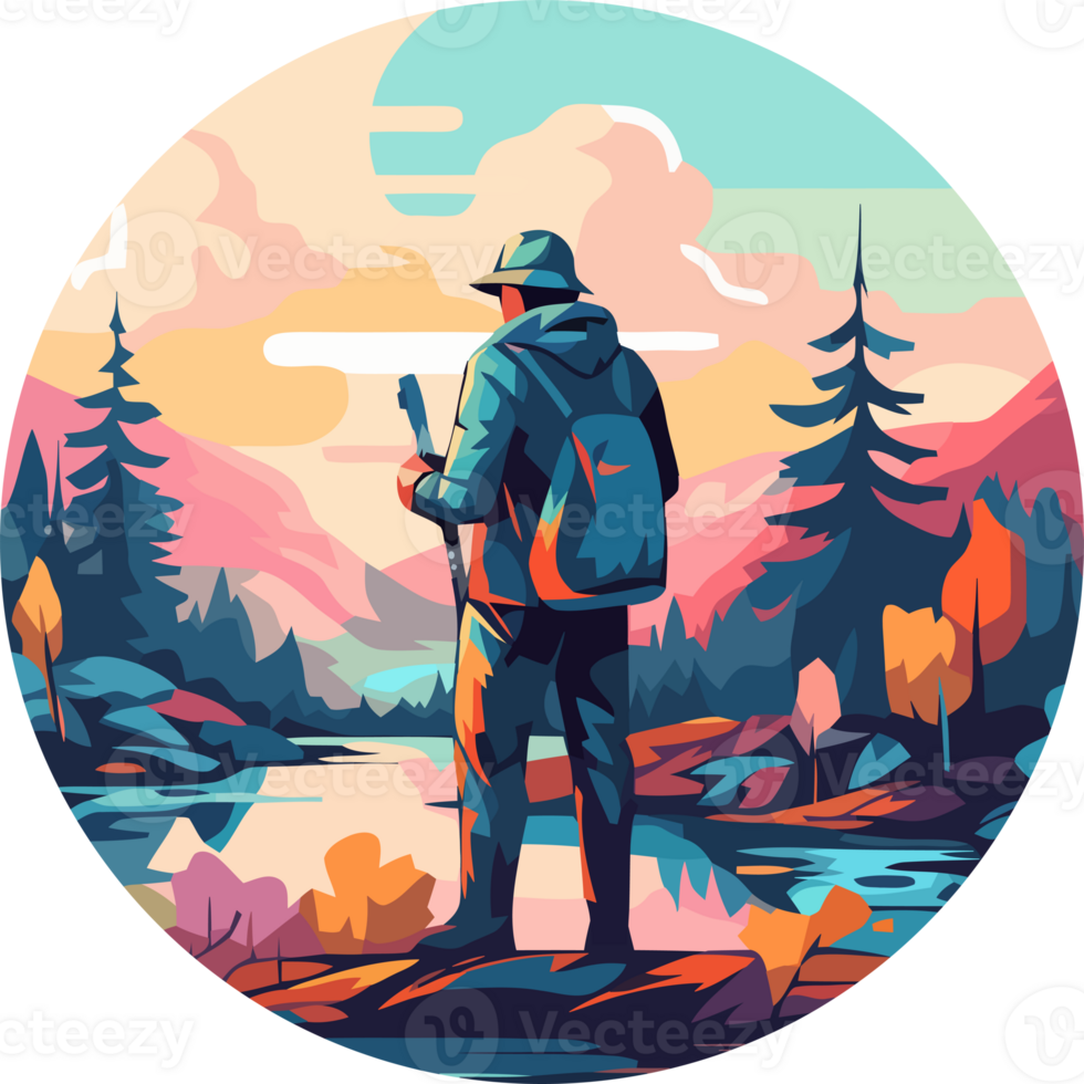 A man in a backpack stands in front of a lake png