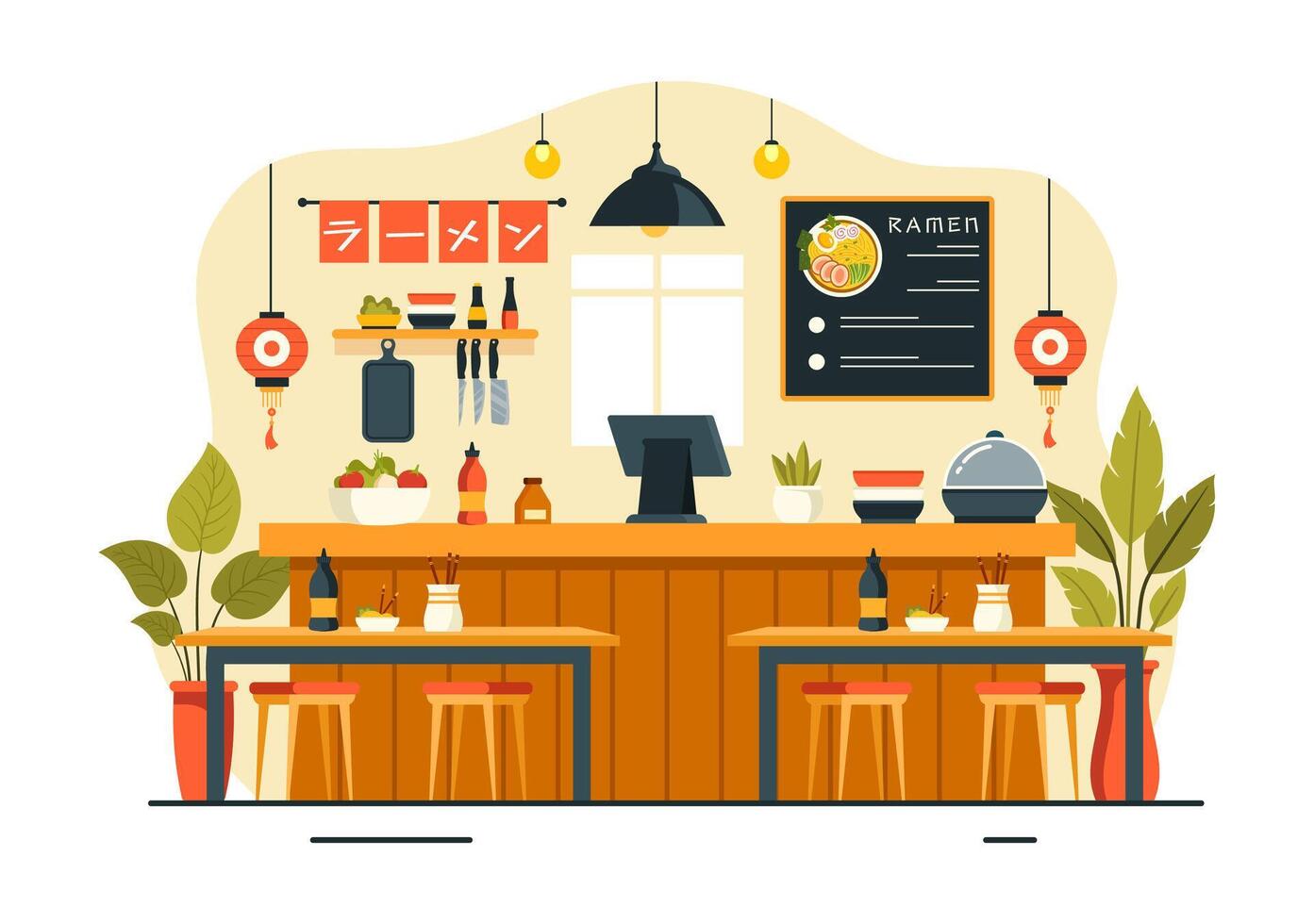 Japanese Ramen Bowl Illustration with Noodles, Egg, and Miso Soup in a Cartoon Style vector
