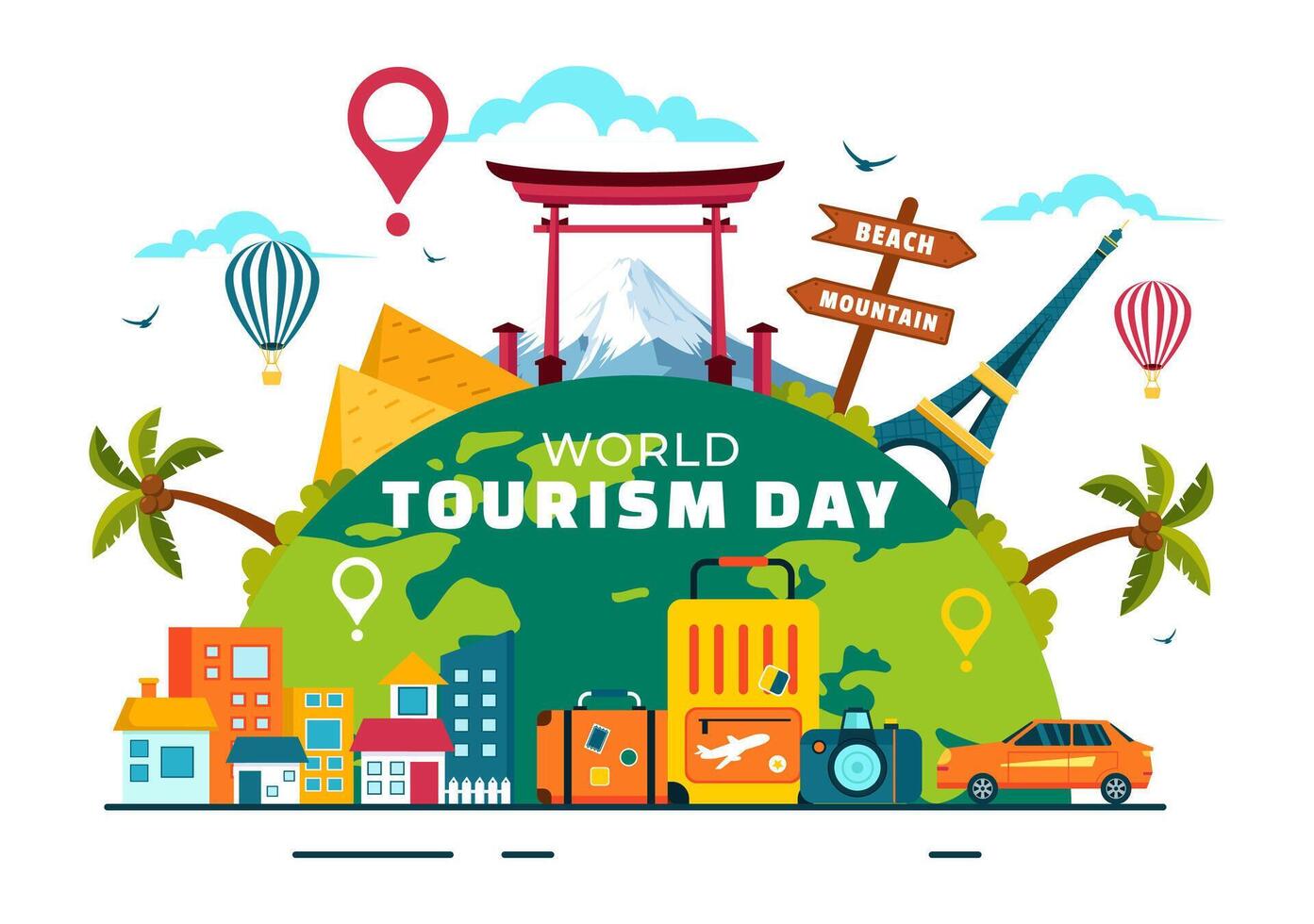 Global Tourism Celebration Illustration Featuring Famous Monuments, National Symbols, and a World Globe vector