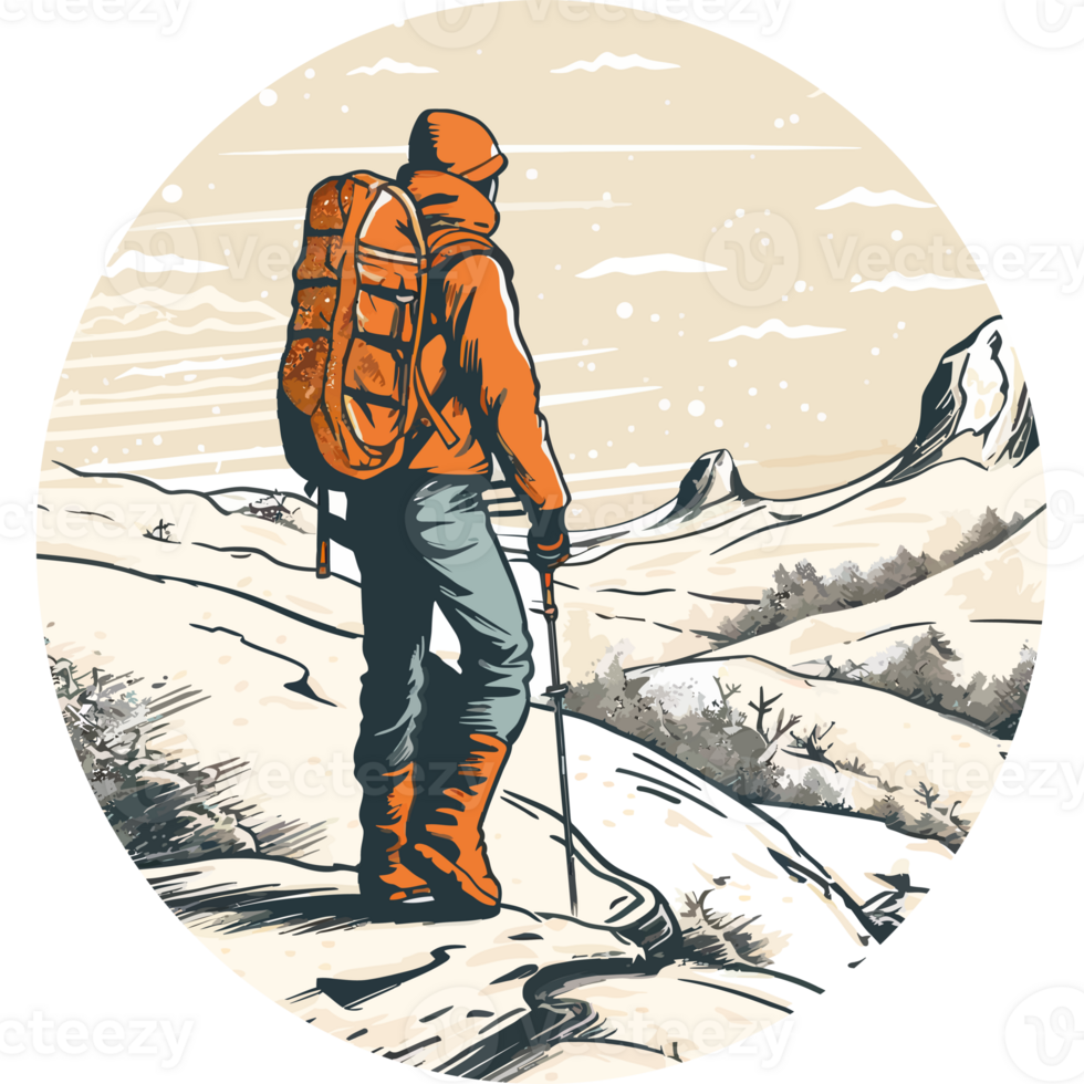 A man with a backpack is standing on a mountain png