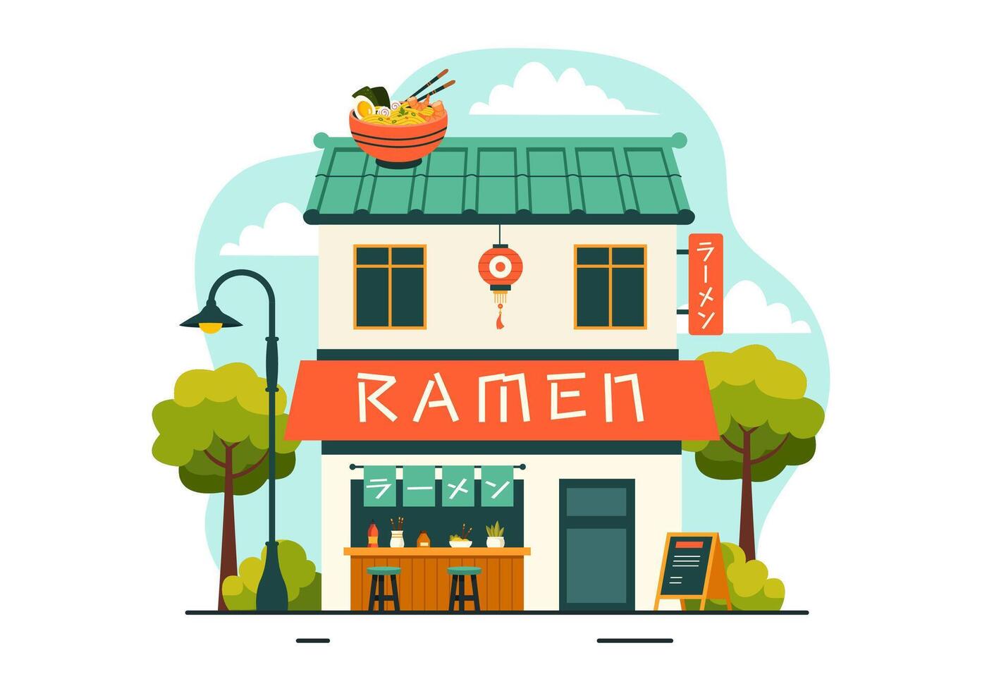 Japanese Ramen Dish Illustration featuring Noodles and Soup in a Cartoon Background vector