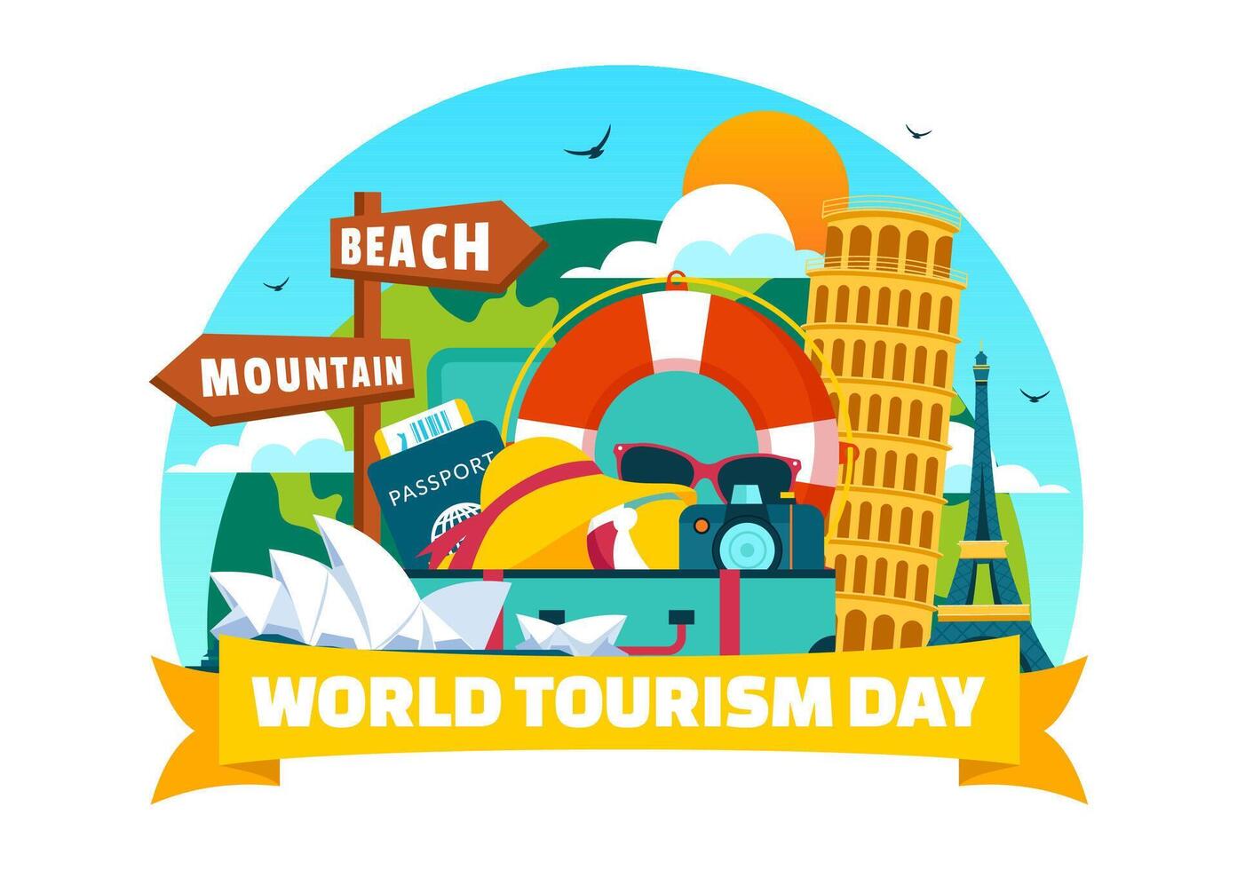 Worldwide Tourism Illustration with National Statues, Historic Monuments, and a Globe vector