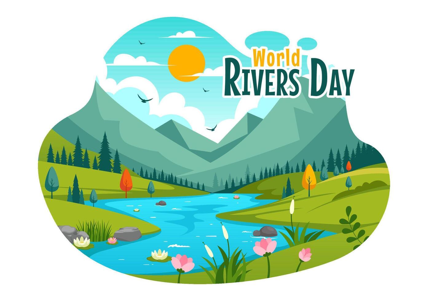 Illustration of a Picturesque River with Surrounding Mountains, Verdant Fields, Trees, and Forests in a Flat Cartoon Background vector