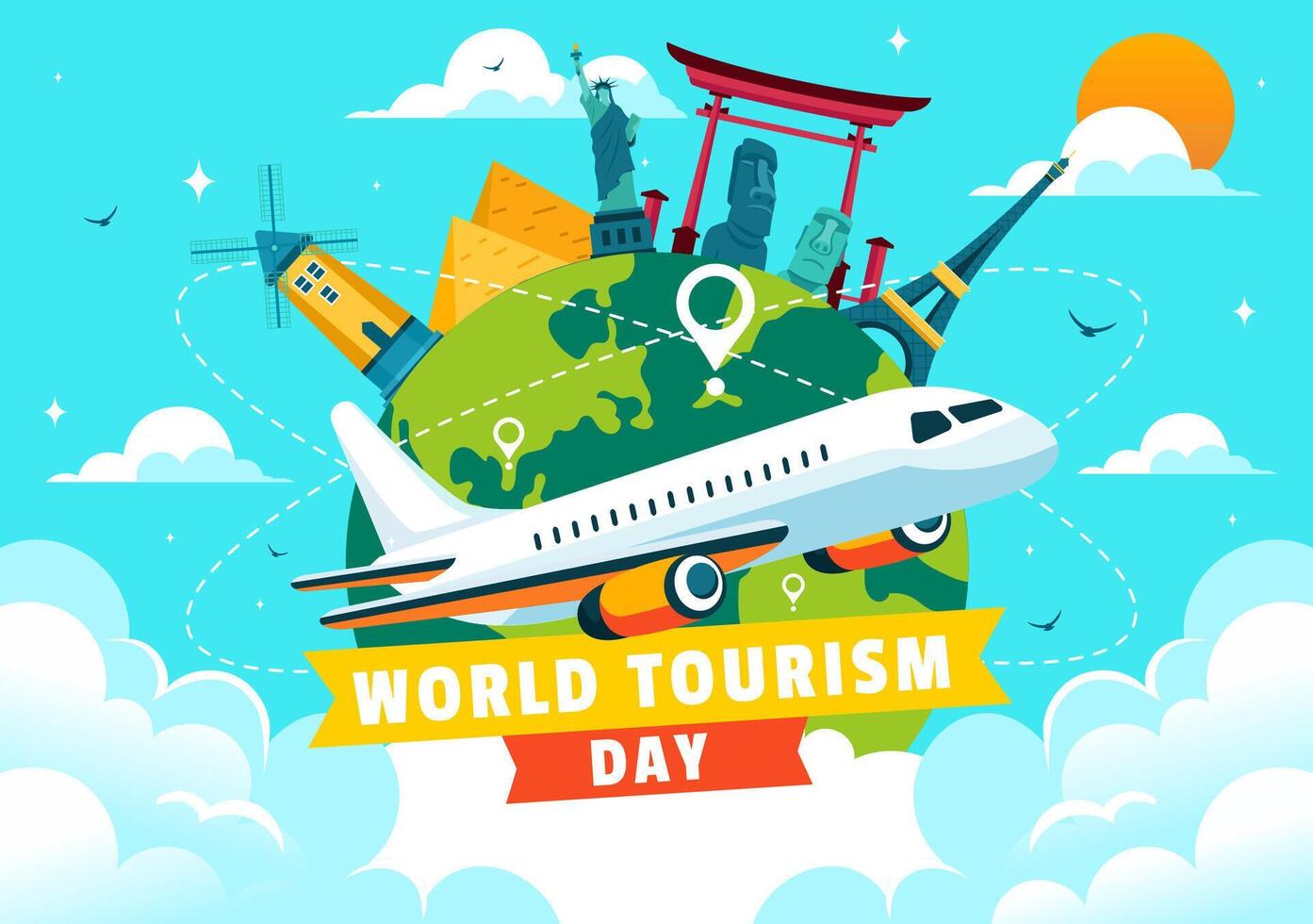 International Travel Day Design with Globally Recognized Landmarks and Architectural Wonders vector