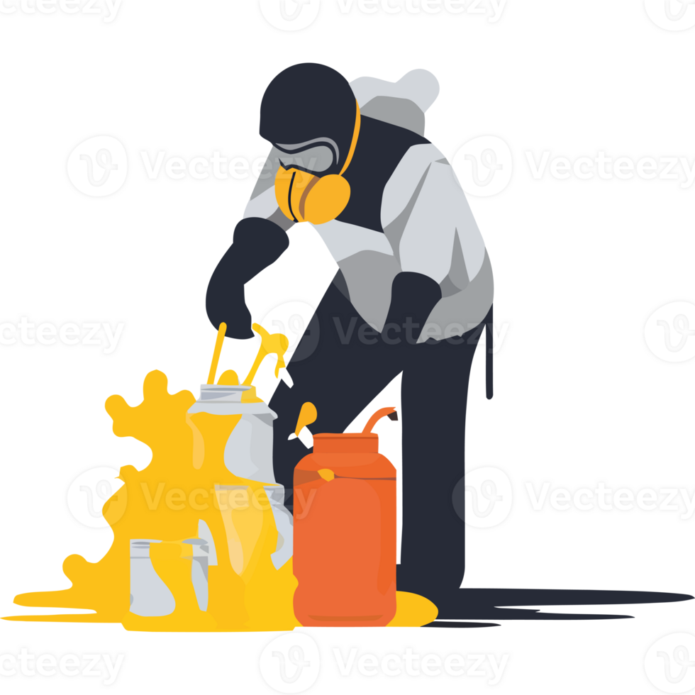 A man in a gas mask and protective gear pouring yellow liquid png