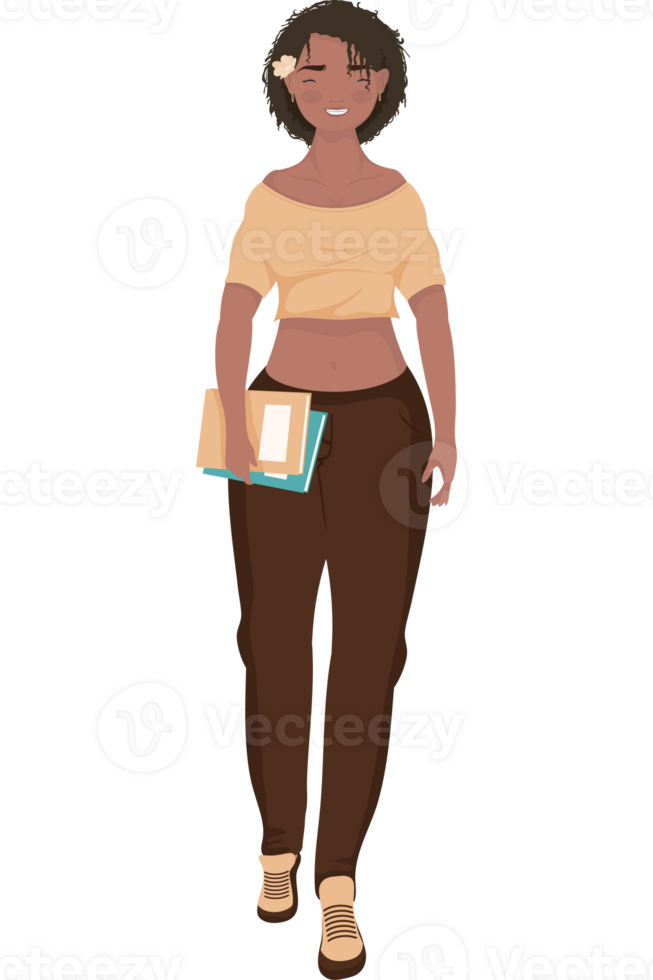 An illustration of a woman walking with books png