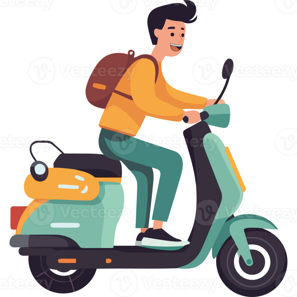 A man riding a scooter with a backpack png