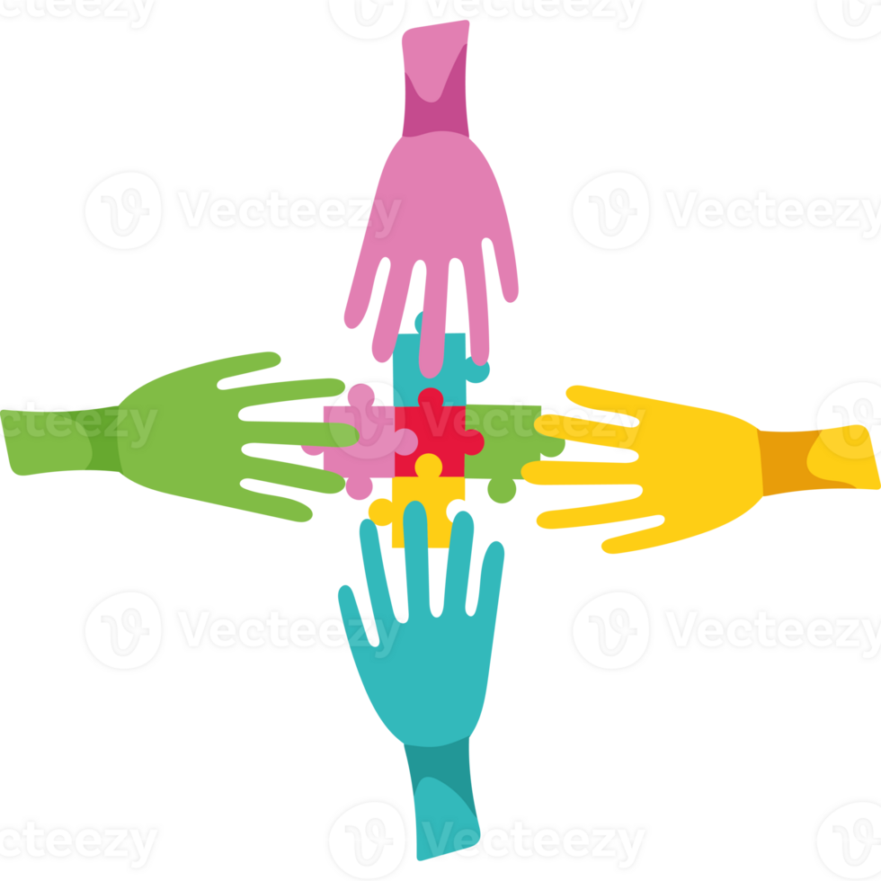 Colorful hands holding puzzle pieces together png