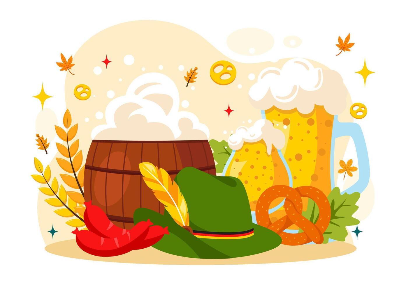 Oktoberfest Festival Illustration with Beer, Sausages, Gingerbread, Barrels, and the German Flag in a Whimsical Flat Style Background vector