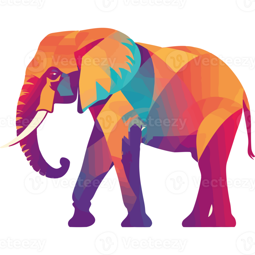 An elephant is shown in a colorful geometric pattern png