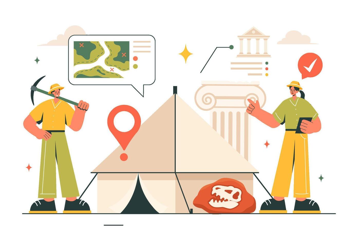 Ancient Ruins and Artifacts Illustration Highlighting an Archaeological Dig in a Cartoonish Background vector