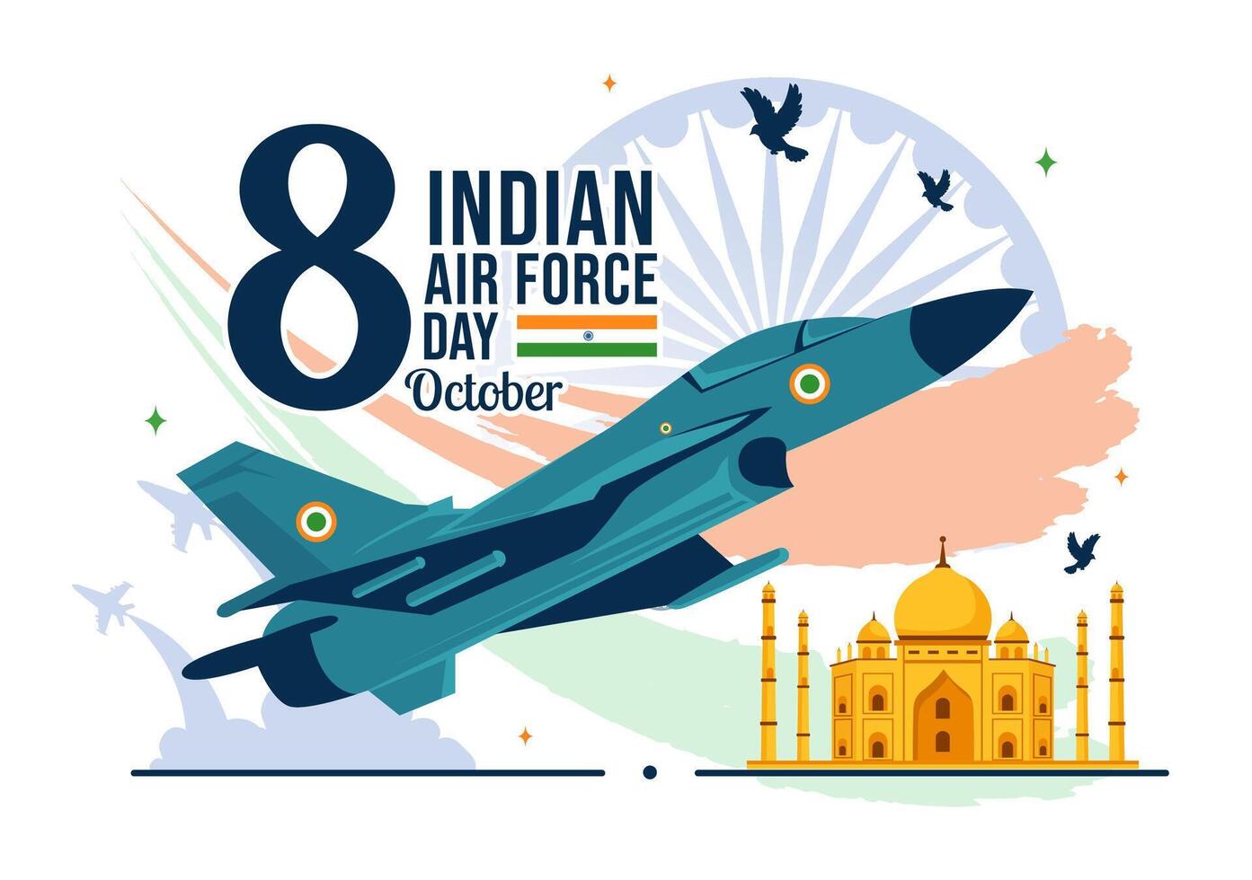 Indian Air Force Day Celebration Illustration on 8th October with Flag, Military, and Jet in a Flat Background vector