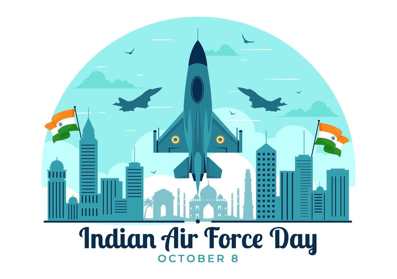 Flat Design for Indian Air Force Day on 8th October, featuring Jets, Flags, and Armed Forces vector