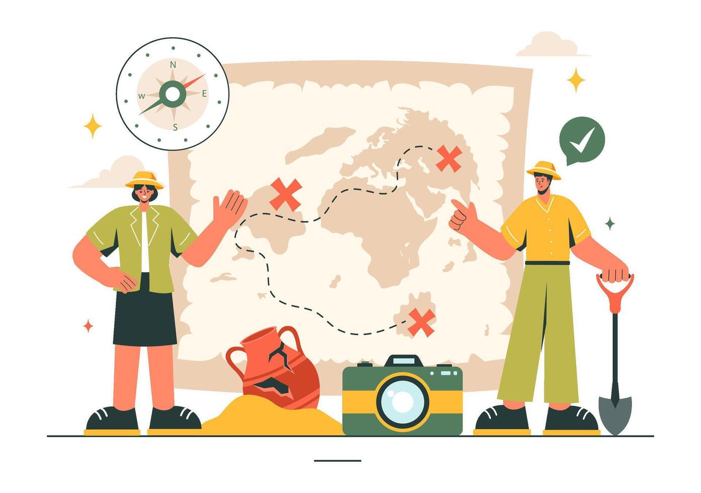 Illustration of Archaeologists Uncovering Ancient Ruins and Treasures in a Flat Cartoon Environment vector