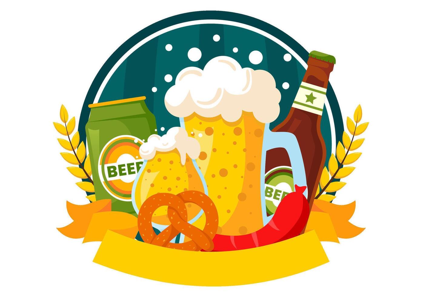 Vibrant Oktoberfest Illustration with Beer, Gingerbread Cookies, Sausages, Barrels, and the German Flag in a Cheerful Flat Style Background vector