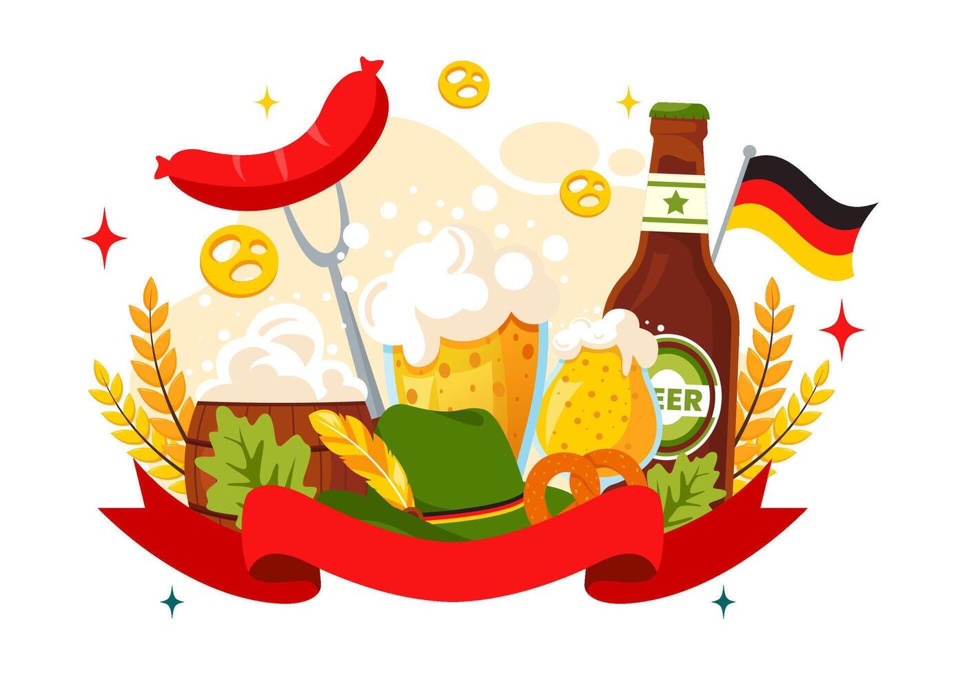 Cheerful Oktoberfest Illustration with Beer, Sausages, Pretzels, and Festive Decorations in a Colorful Flat Style Background vector
