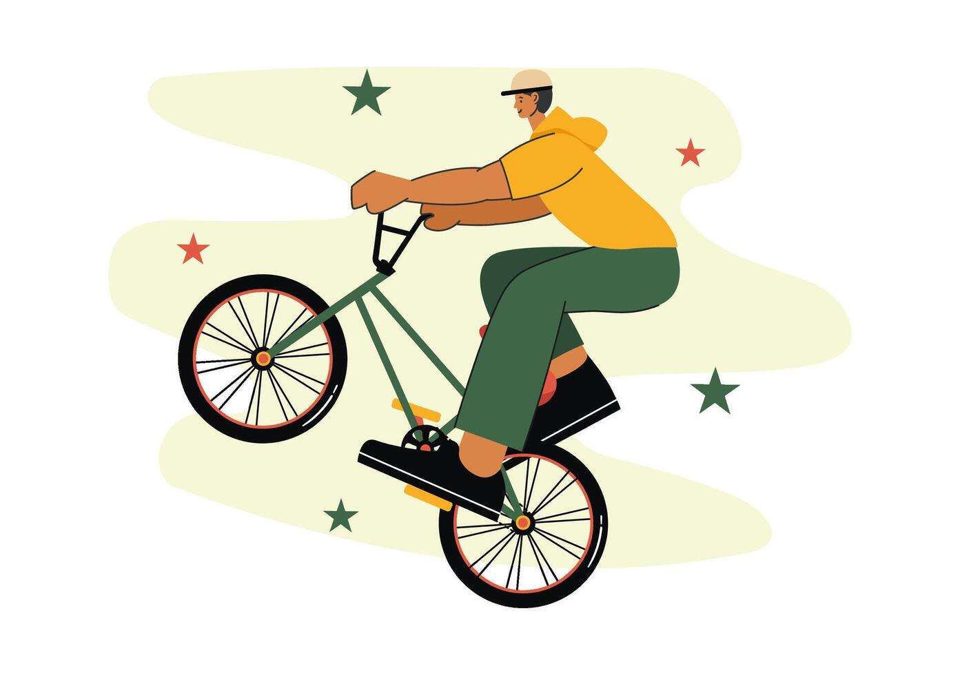Flat Style Cartoon Illustration of BMX Bicycle Sport Featuring a Man Performing Impressive Stunts vector