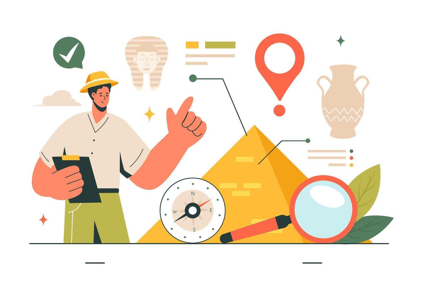 Illustration of Archaeology with Excavated Artifacts and Ancient Structures in a Flat Style vector