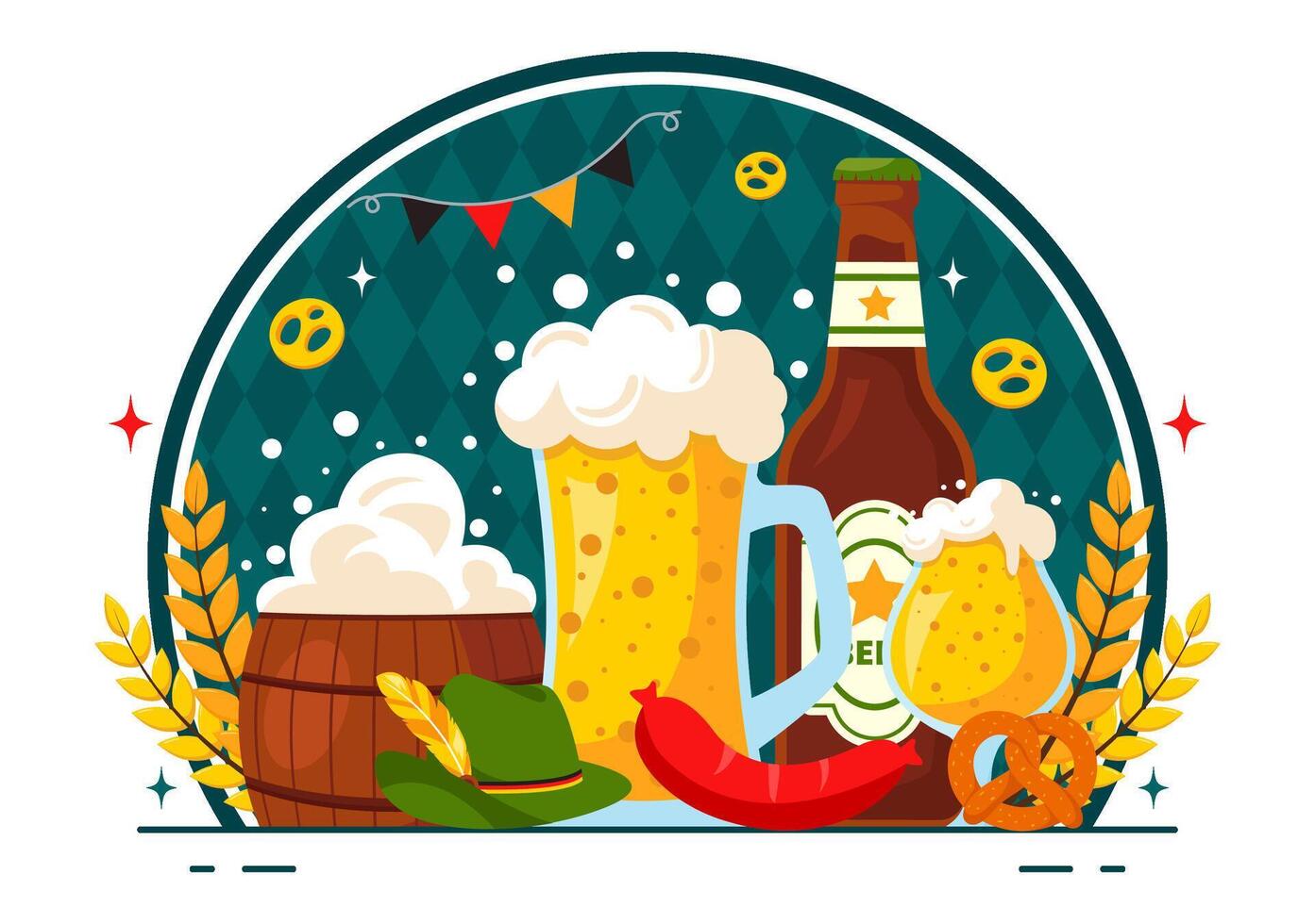 Traditional Oktoberfest Party Illustration Featuring Beer, Sausages, Gingerbread, Barrels, and the German Flag in a Fun Flat Style Background vector