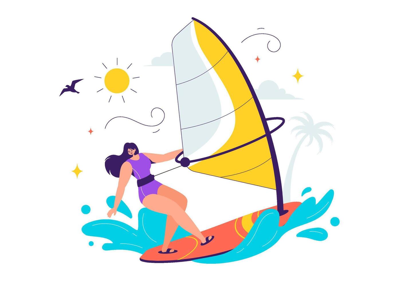 Extreme Water Sports Illustration of a Windsurfer on a Board, Gripping the Sail Against a Colorful Cartoon Background vector