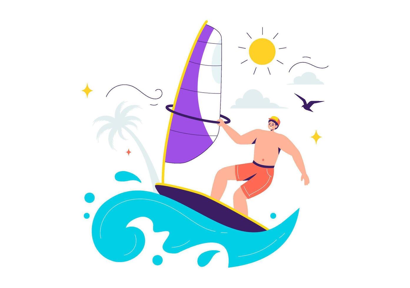 Flat Cartoon Illustration of Windsurfing, Showcasing a Person Steering the Sail on a Dynamic Water Board vector