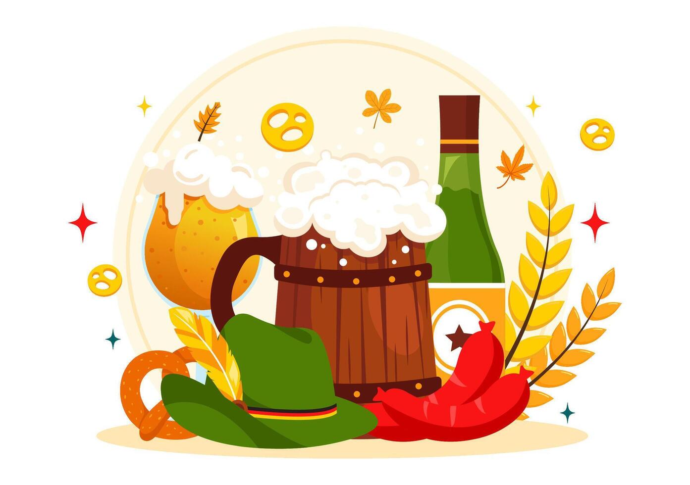 Oktoberfest Celebration Illustration Showcasing Beer, Gingerbread, Barrels, and Wheat in a Charming Flat Style Background vector