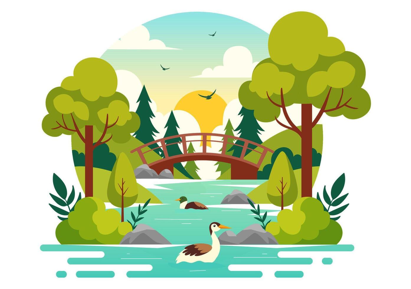 Flat Cartoon Illustration of a River Valley Surrounded by Mountains, Green Meadows, and Dense Forests vector