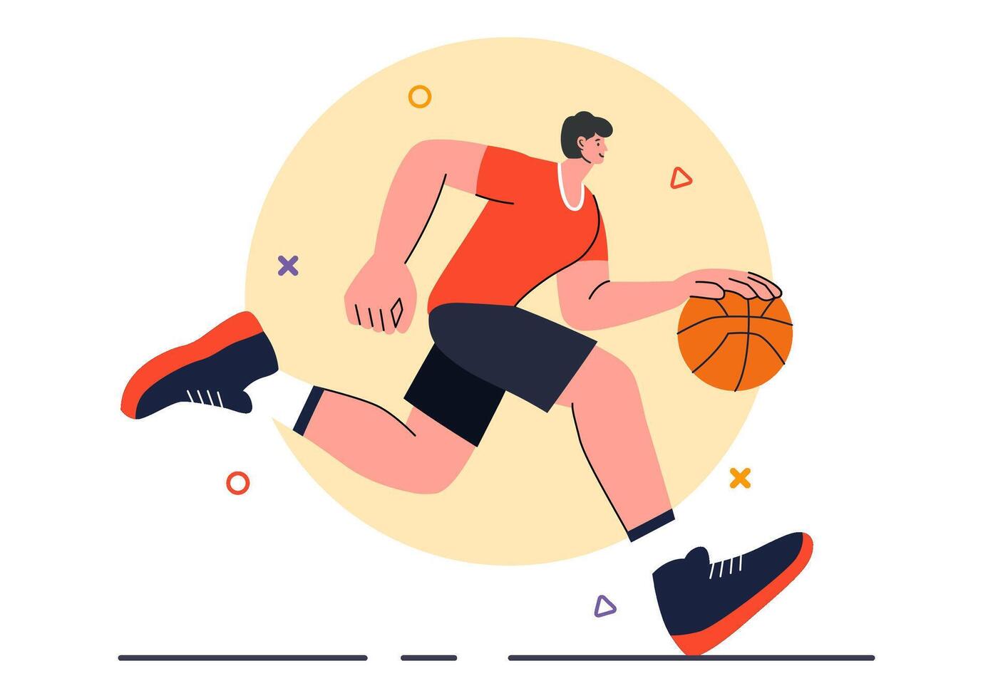 Happy Young Basketball Player Illustration in a Tournament Setting, Wearing a Basketball Uniform on a Flat Design Court Background vector