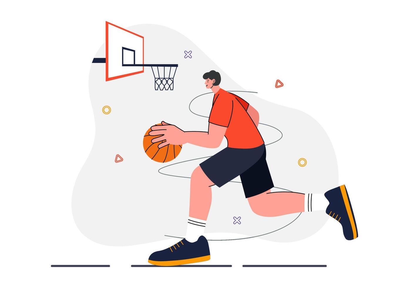 Illustration of an Enthusiastic Young Man Dribbling a Basketball on a Tournament Court, Dressed in a Basketball Uniform with a Flat Style Background vector