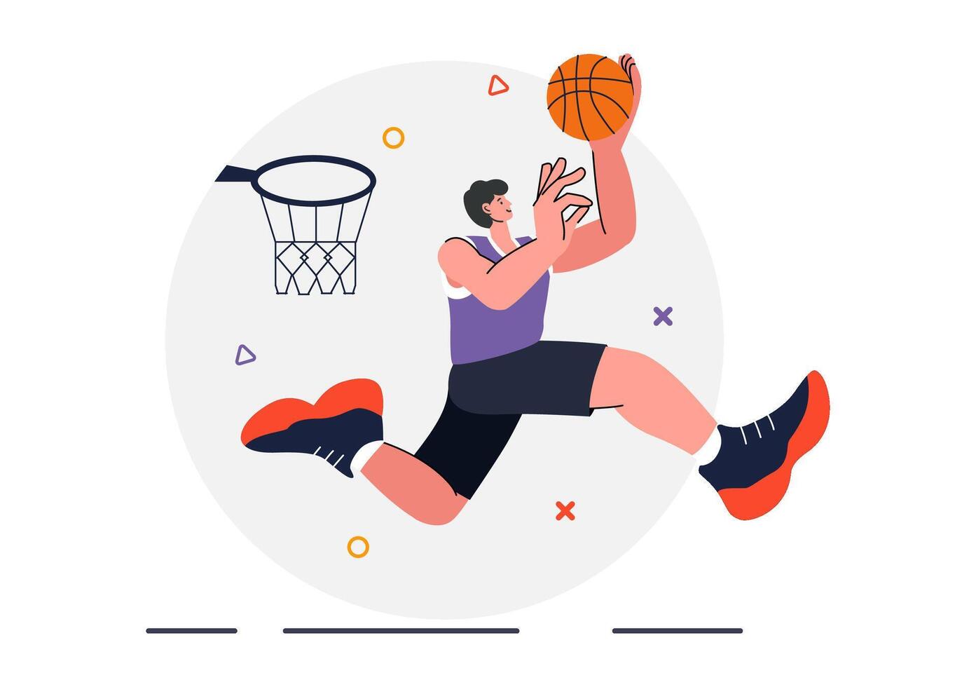 Illustration of a Joyful Young Man Shooting Hoops in a Basketball Uniform on a Tournament Court with a Flat Style Background. vector