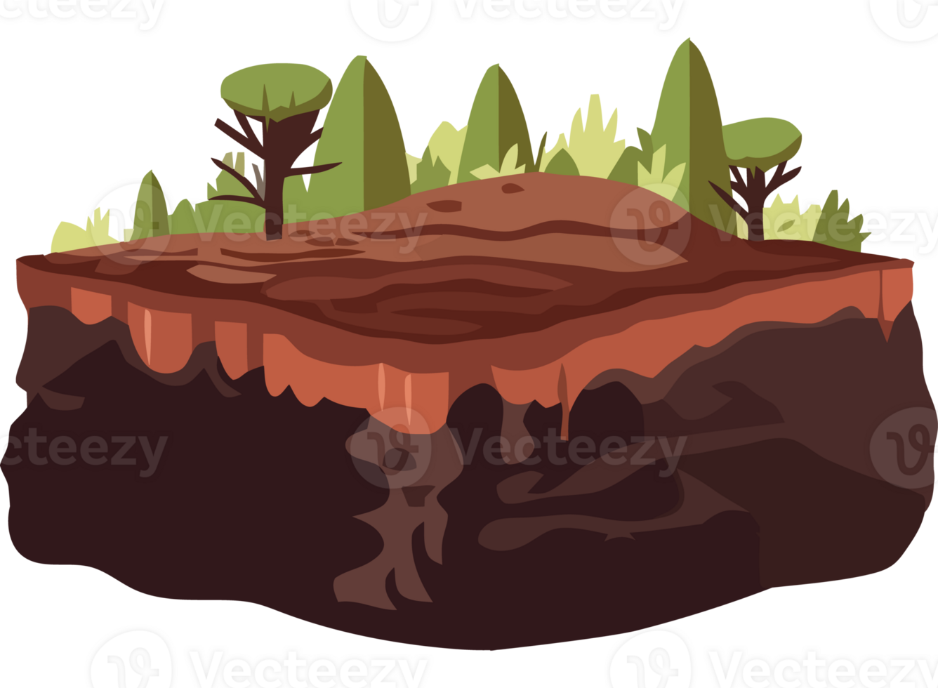 A cartoon illustration of a forest and a dirt island png