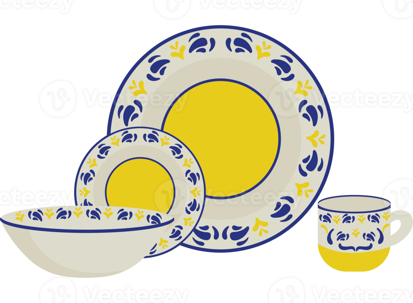 A yellow and blue dinner set with a saucer png