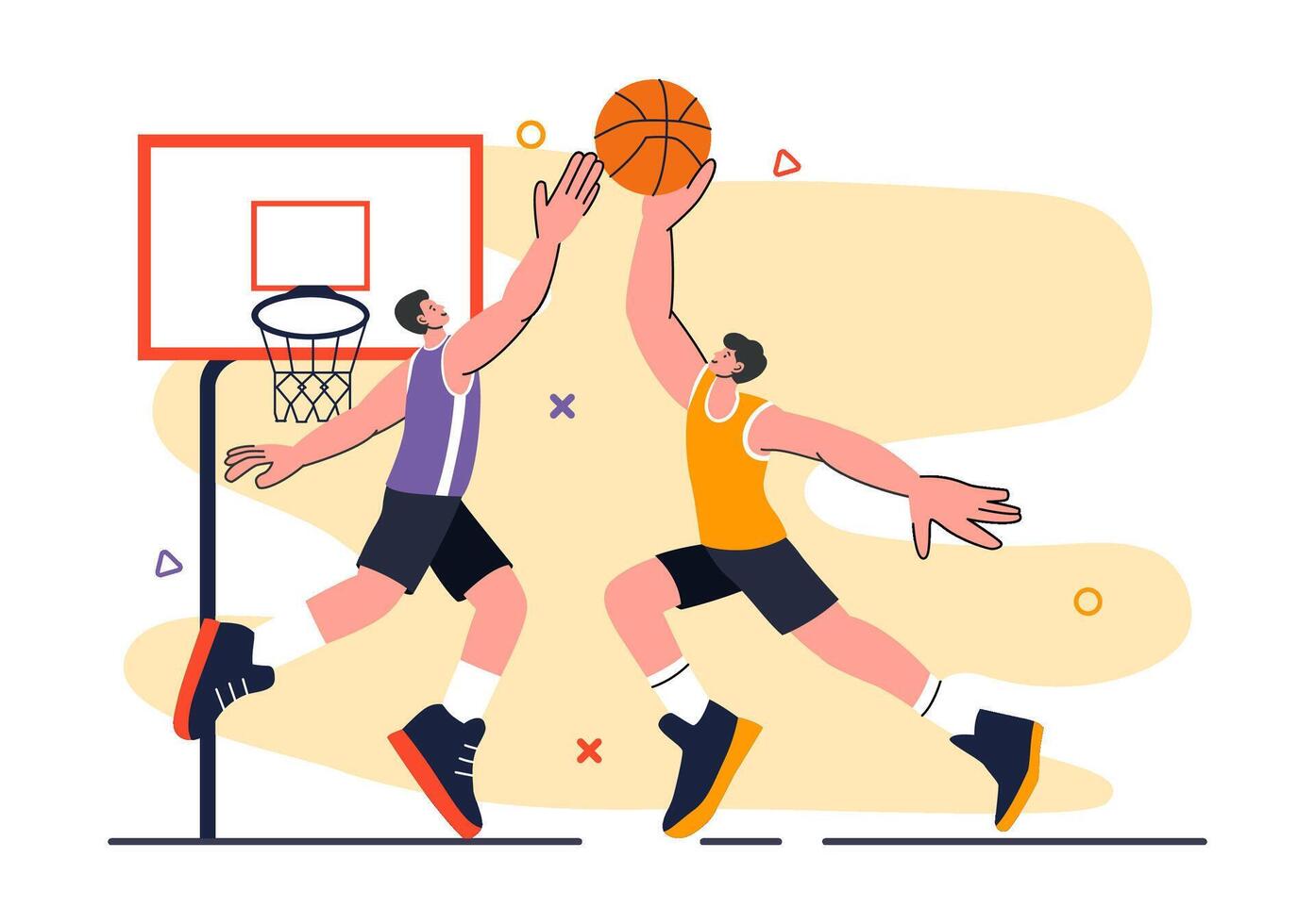 Illustration of a Young Athlete Playing Basketball, Full of Joy and Wearing a Uniform on a Tournament Court with a Flat Design Background vector