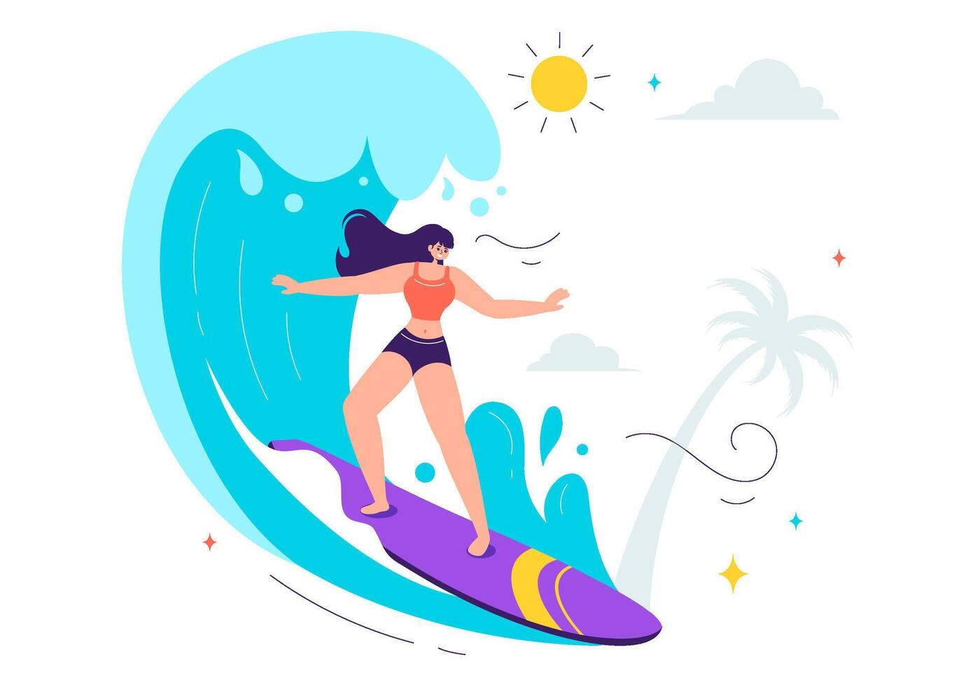 Cartoon-Style Illustration of Surfboards Riding Waves, Celebrating Summer Water Sports Activities vector