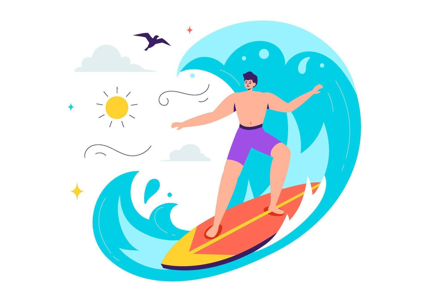 Summer Surfing Scene Illustration with Surfboards Floating on Ocean Waves in a Playful Cartoon Background vector