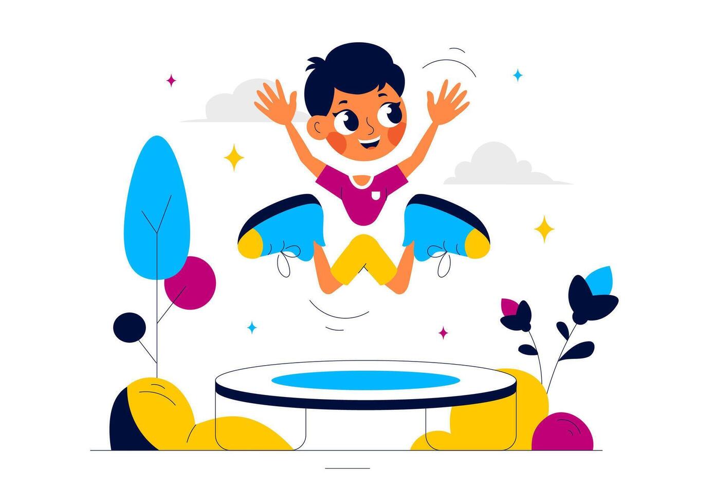 Illustration of a Child Joyfully Bouncing on a Trampoline, Set Against a Summer Cartoon Background vector