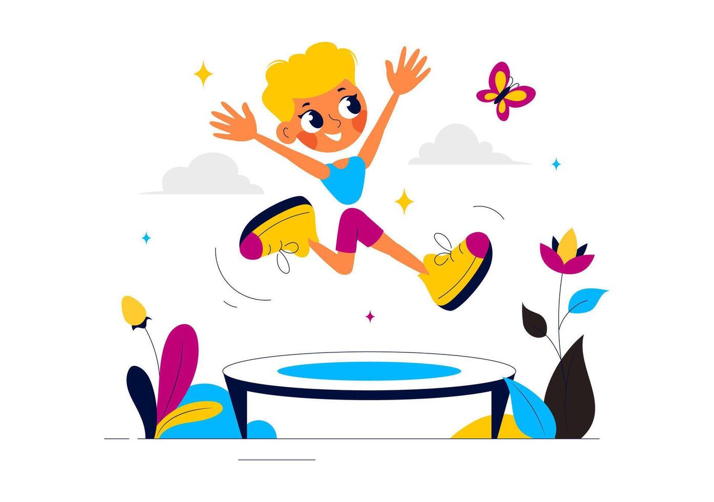 Cartoon of a Young Boy Playing on a Trampoline, Summer Outdoor Activities in a Flat Style vector