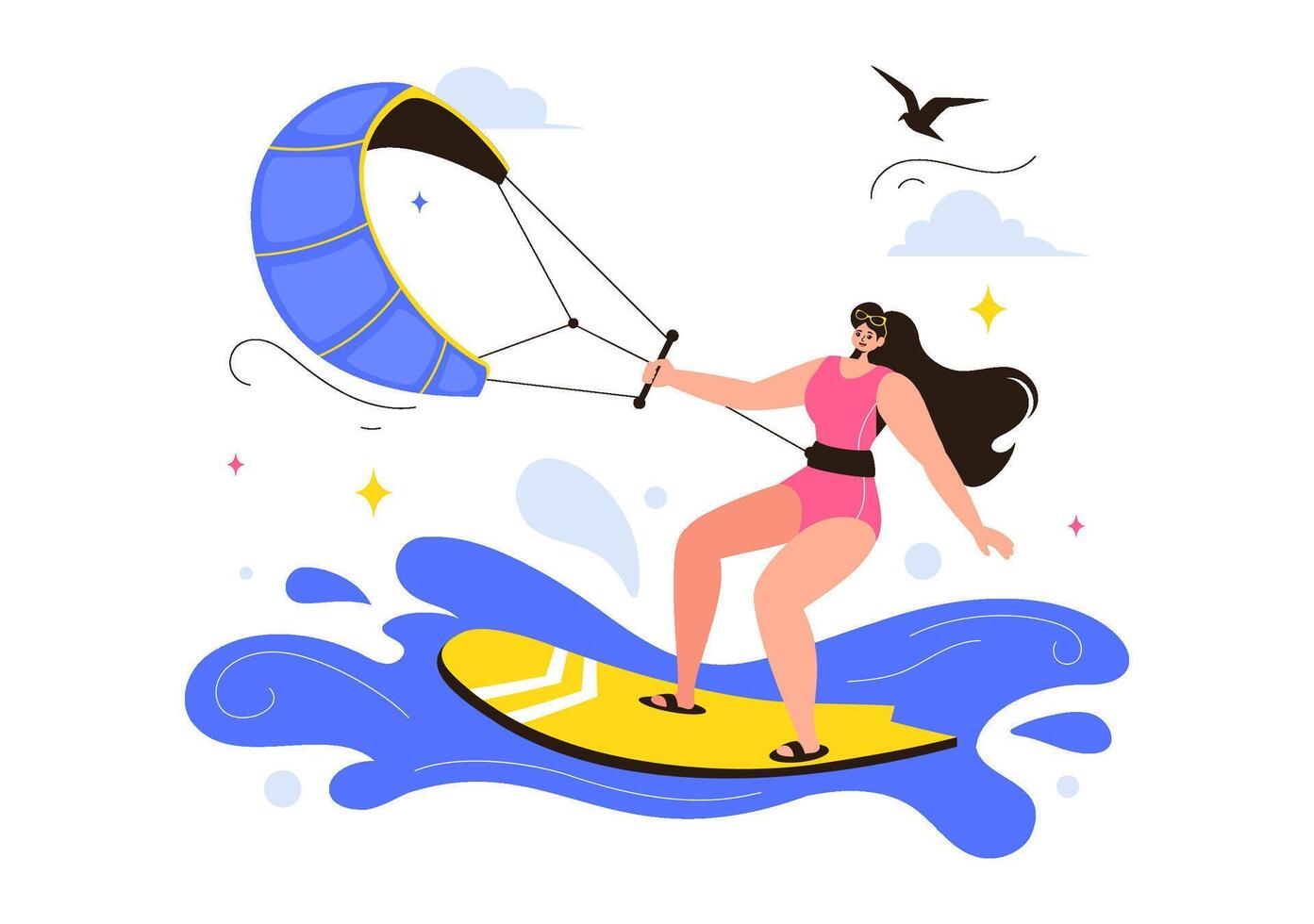 Colorful Kitesurfing Illustration of a Kite Surfer on a Kiteboard Amidst a Cartoon Summer Sea Adventure vector