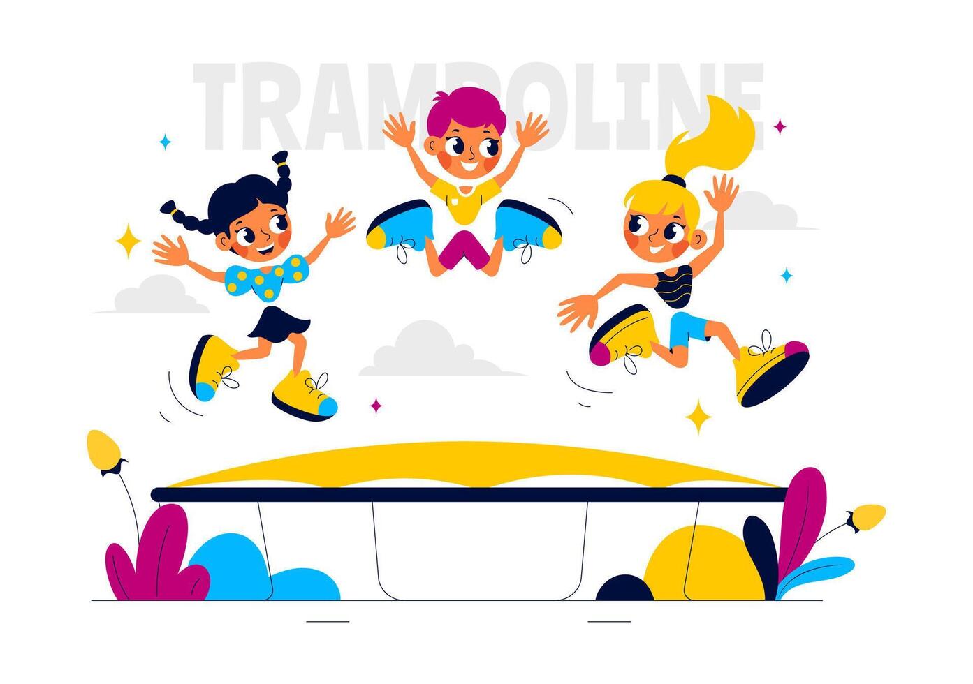 Illustration of a Happy Boy Bouncing on a Trampoline During Summer Fun in a Flat Style Cartoon Background vector