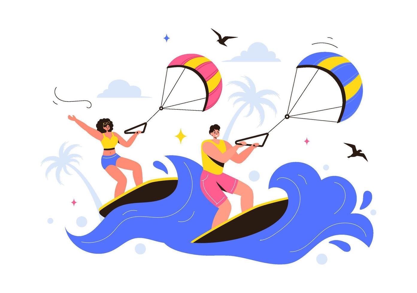 Kitesurfing Adventure Illustration with a Kite Surfer Balancing on a Kiteboard Against a Bright Cartoon Ocean Background vector