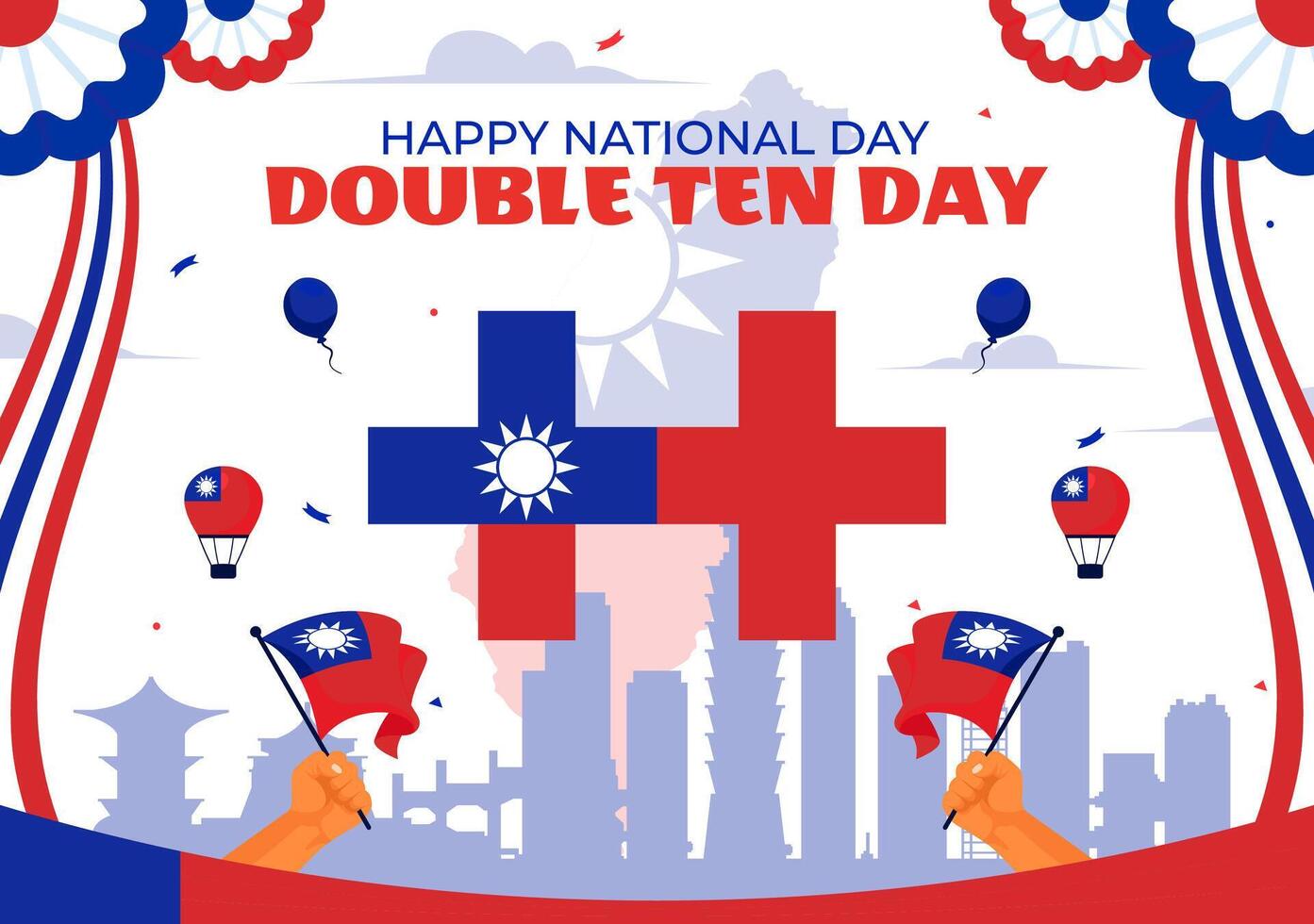 Taiwan's October 10 Double Ten National Day Illustration with Waving Flag and Colorful Balloons in a Fun Background vector