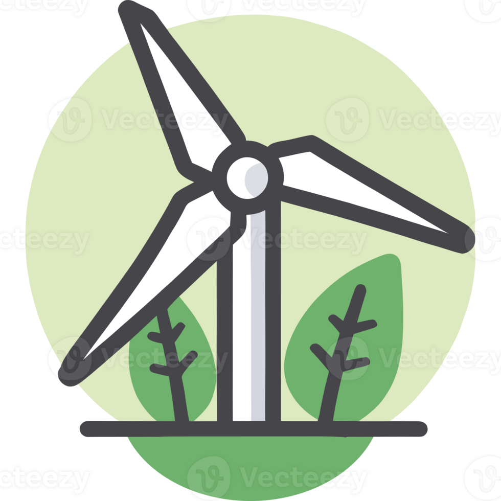 A green wind turbine with leaves and trees png