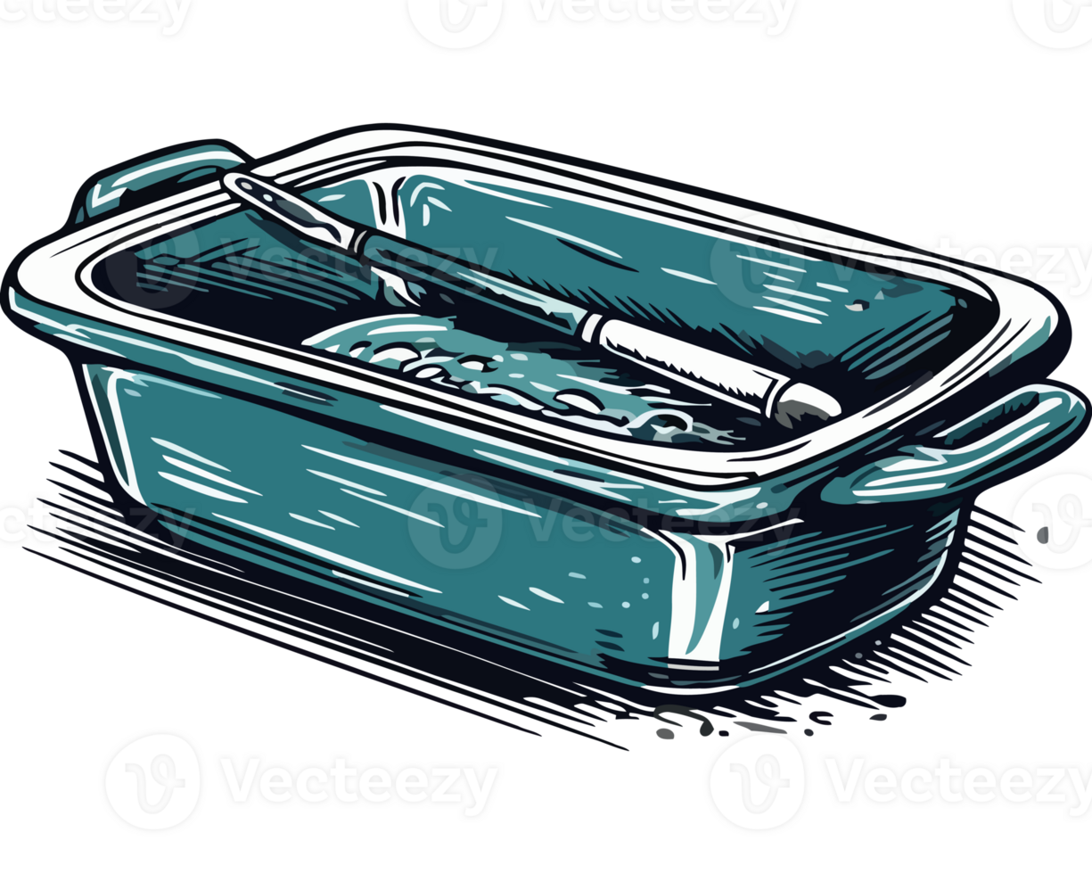 A blue dish with a knife and fork in it png