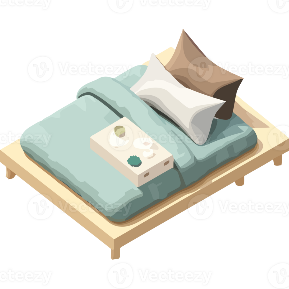 Bed with pillows and a tray on top png