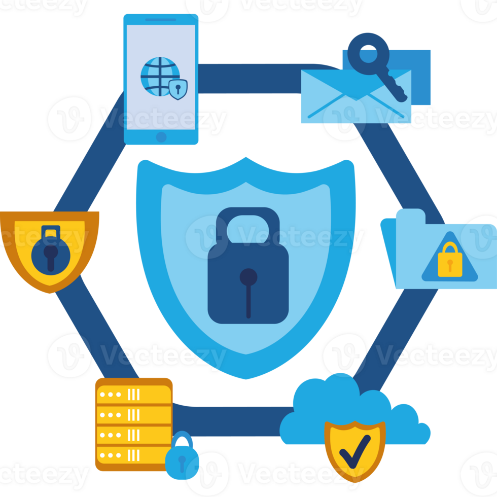 A blue shield with a lock, phone, and other devices png