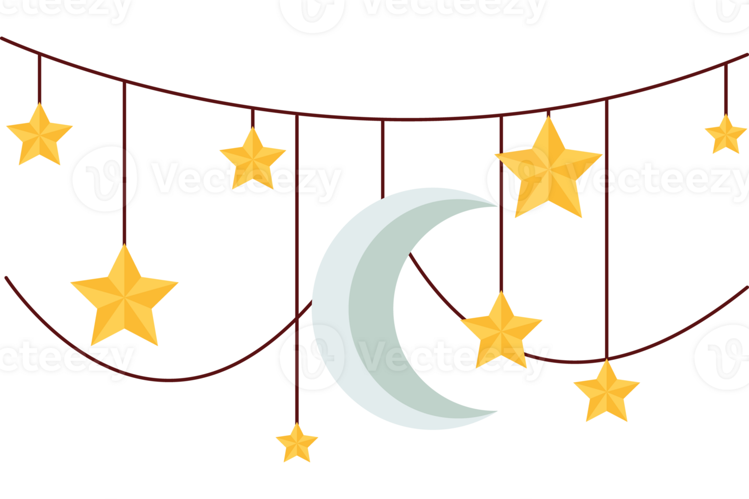 A crescent and stars hanging from a string png