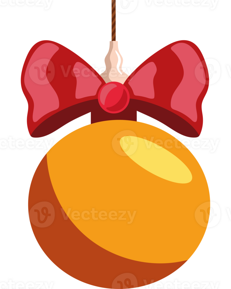 A christmas ball with a red bow hanging from a string png